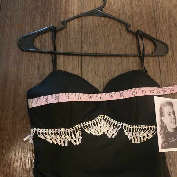 LOVE, NICKIE LEW Rhinestone Fringe Cocktail Minidress NWT BLACK  SMALL SNAGS - Picture 5 of 12